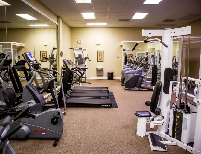 Exercise room with cardio machines such as treadmills and ellipticals, alongside strength training equipment.