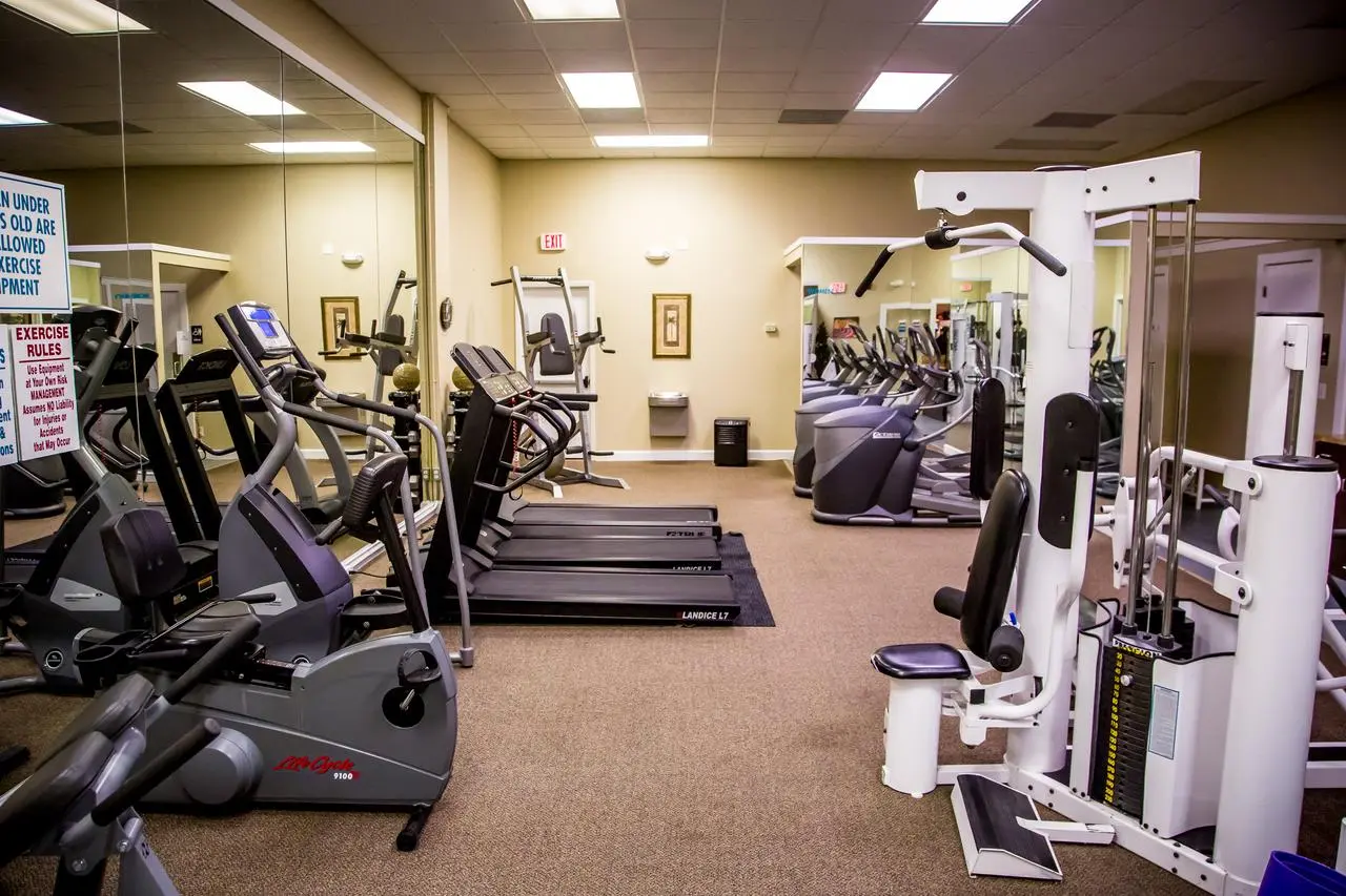Exercise room with cardio machines such as treadmills and ellipticals, alongside strength training equipment.