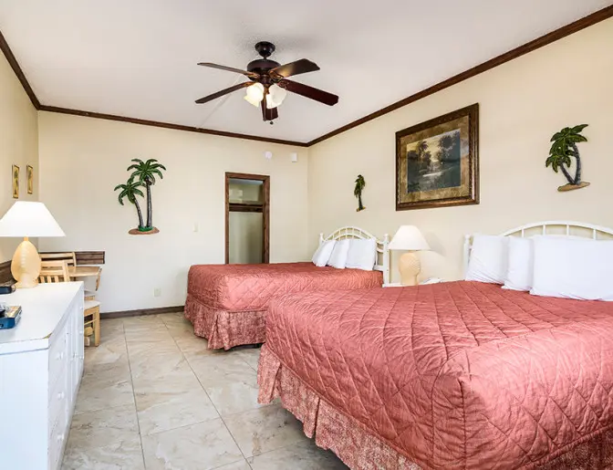 Hotel room with two queen beds, a ceiling fan, and tropical-themed decor including palm tree wall art and a framed painting.