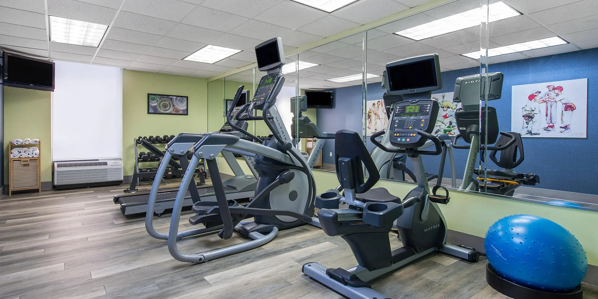 Fitness center at Holiday Inn with a range of workout machines, free weights, and a large wall mirror for guests.