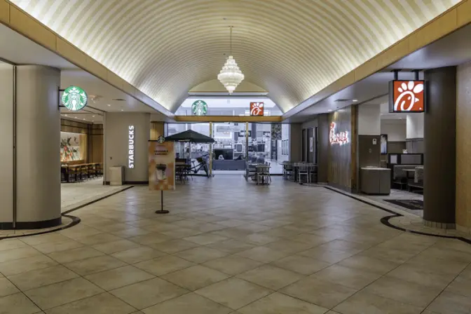 Foodcourt inside the Florida Mall featuring a Chick Fil A and Starbucks.