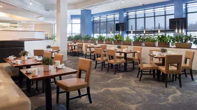 Spacious dining area at Hilton Cocoa Beach featuring tan leather chairs, wooden tables set for breakfast, and a wall of potted greenery beneath large windows.