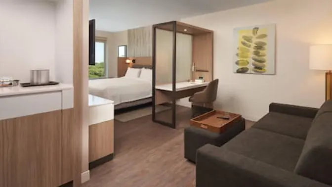 Bright and comfortable hotel room featuring a king bed, sleek decor, and large windows offering natural light and a view of the surrounding area.