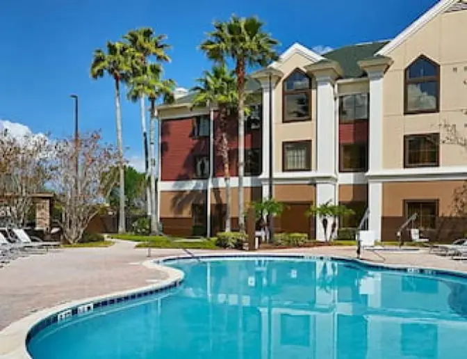 Hotel swimming pool at Staybridge Suites, with a well-maintained deck, lounge chairs, and palm trees in the background.