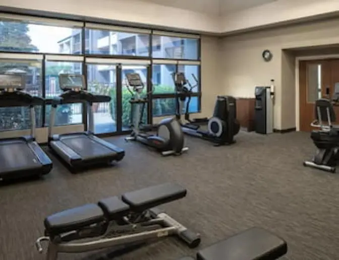 Courtyard by Marriott hotel's fitness room with various exercise equipment including treadmills, elliptical machines, a stationary bike, and weight benches, with a view of the outdoor area through large windows.