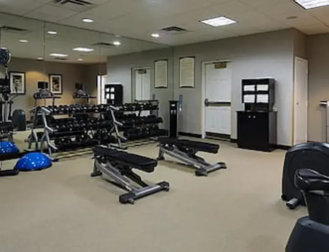 Fitness center featuring a range of workout equipment, such as free weights, benches, and exercise machines.