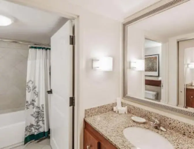 Hotel bathroom featuring a granite countertop with a sink, a large framed mirror, and a shower-tub combination with a decorative shower curtain.