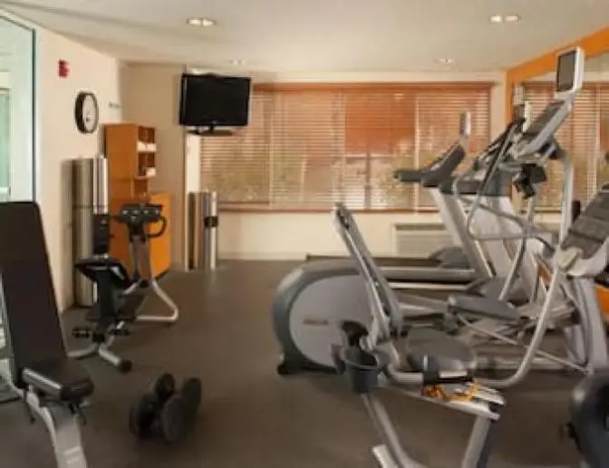 Fitness center with various exercise equipment including treadmills, stationary bikes, and weight benches.