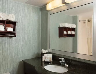 Modern hotel bathroom featuring a granite countertop with a sink, a large mirror, and a wall-mounted shelf stocked with towels. The room has light green textured walls and ample lighting over the vanity.