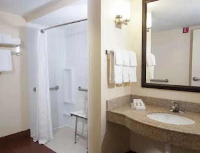 Bathroom designed for accessibility, including a granite sink area, a large mirror, and a walk-in shower with safety bars and a bench.