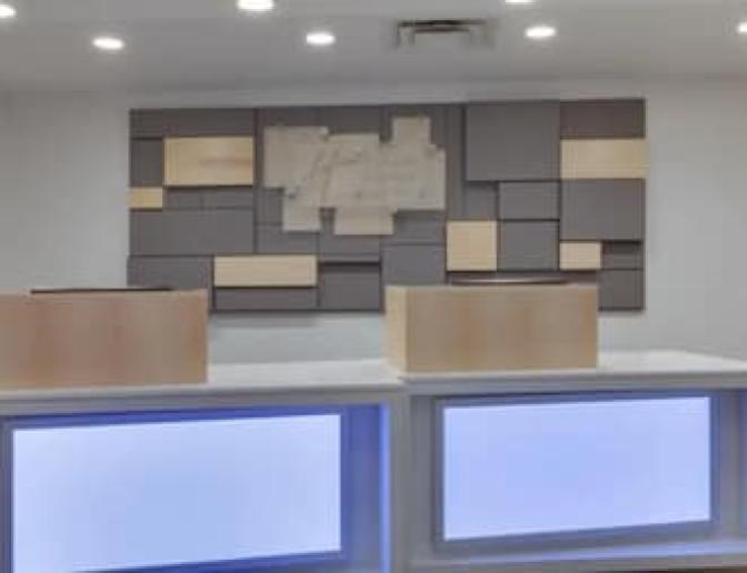 Holiday Inn Express Orlando International Airport Hotel front desk featuring modern desks and geometric wall art.