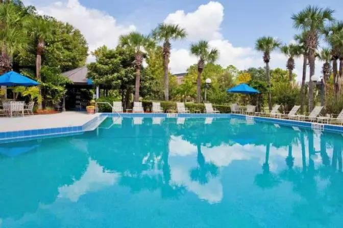 Outdoor swimming pool surrounded by palm trees and lounge chairs with blue umbrellas, under a bright sky.