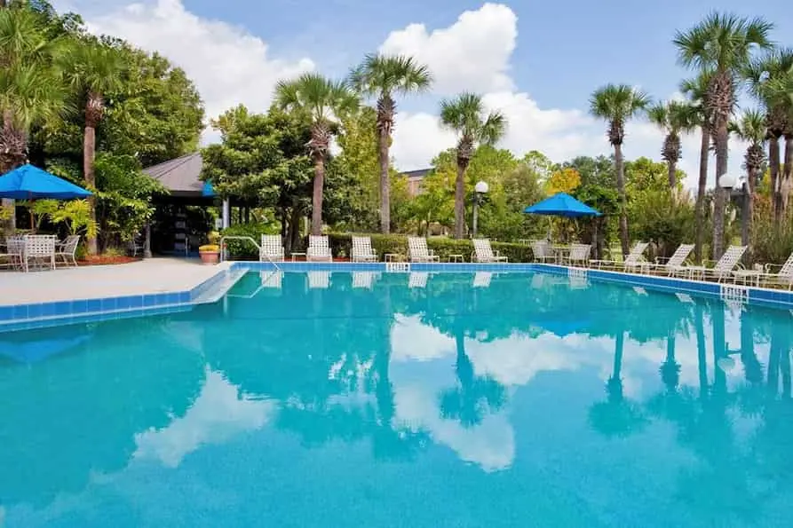 Outdoor swimming pool surrounded by palm trees and lounge chairs with blue umbrellas, under a bright sky.