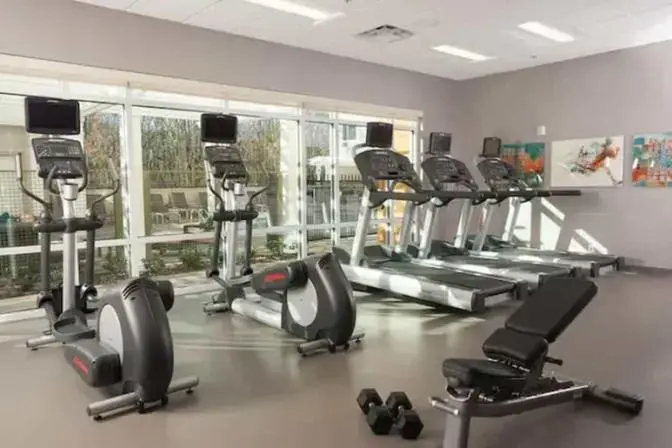 Bright and spacious gym featuring cardio equipment along a large window allowing lots of natural light.