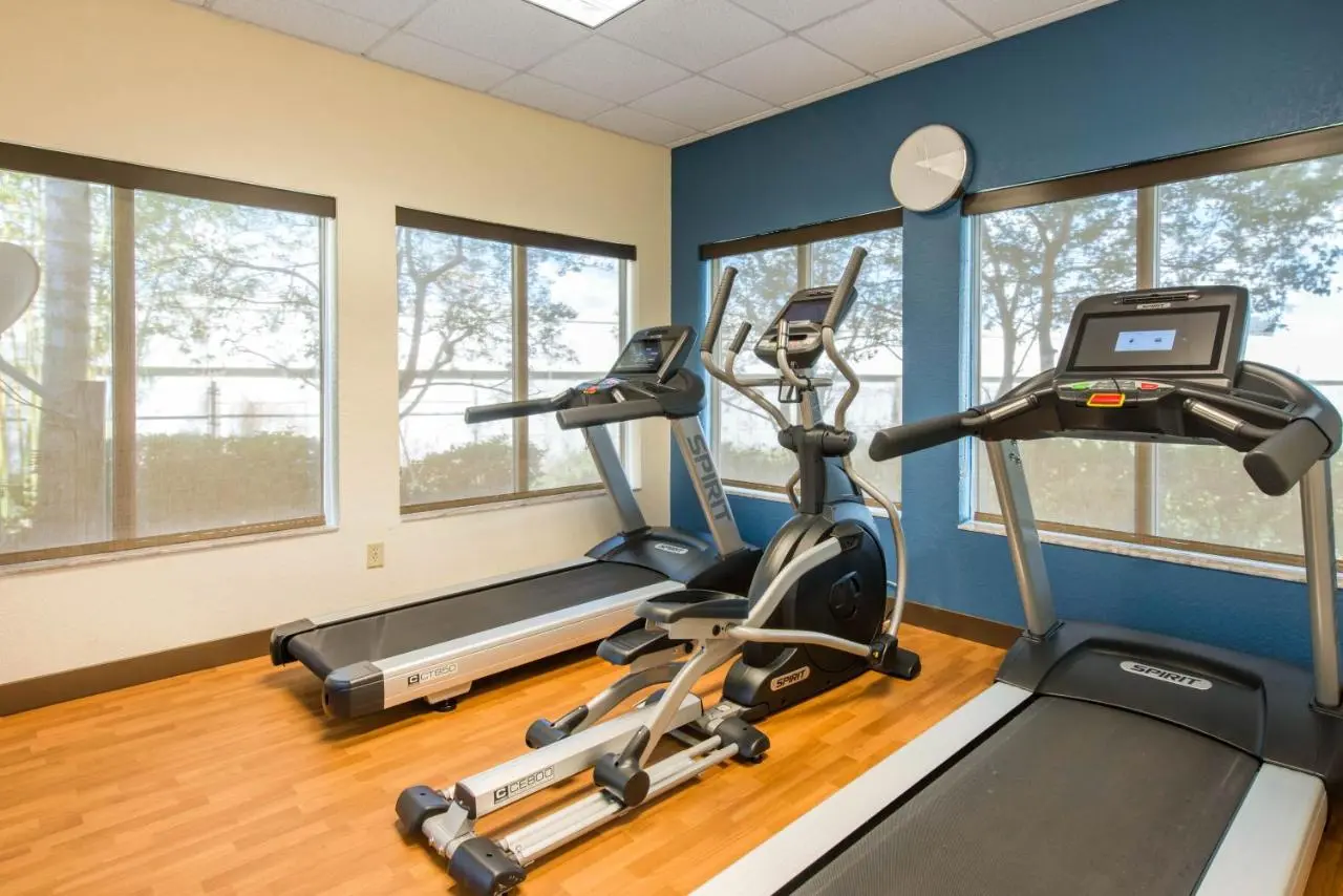 Fitness center at Comfort Inn & Suites featuring treadmills and an elliptical machine, with large windows offering a view of trees.