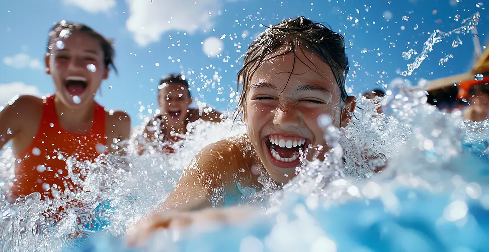 Group of kids laughing and splashing in a bright blue pool on a sunny day, with a TripAdvisor Travelers’ Choice badge for Go Port in the top right.