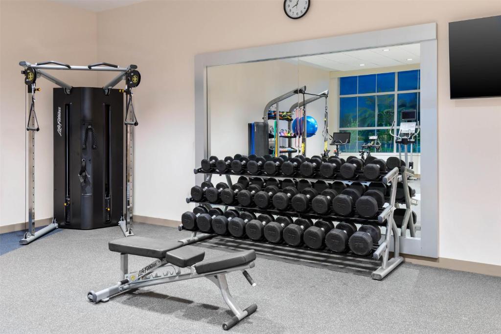 Hotel fitness center with treadmills, rowing machine, and strength training equipment at Hilton Garden Inn Cape Canaveral near Cocoa Beach.
