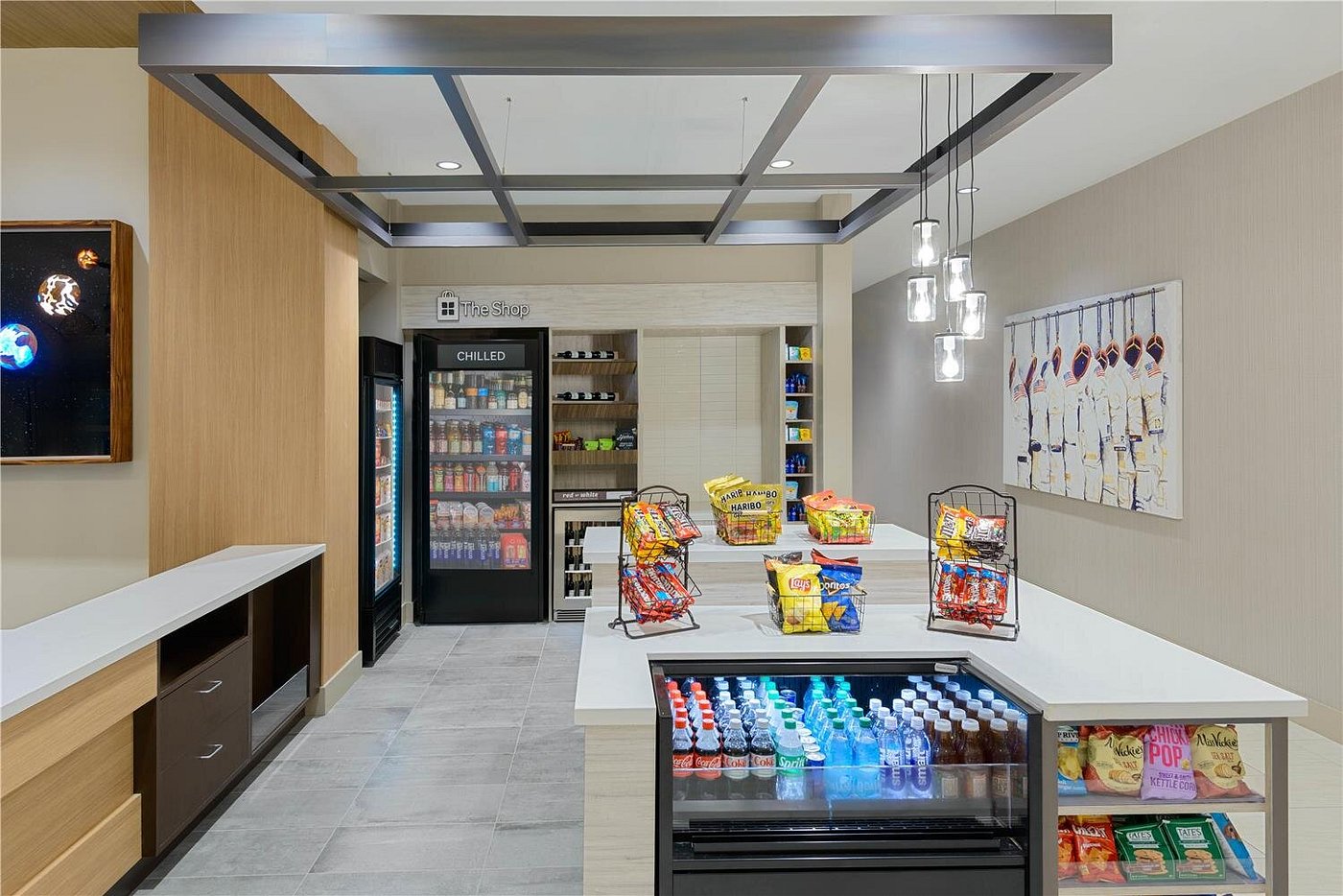 Hotel convenience market with drinks, snacks, and grab-and-go items at Hilton Garden Inn Cape Canaveral near Cocoa Beach.