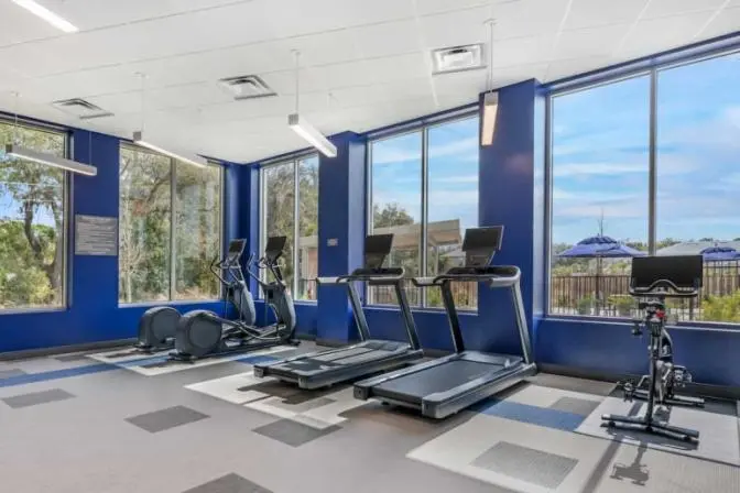 Fitness center at Comfort Inn & Suites featuring treadmills, elliptical machines, and a bike with large windows offering a view of trees.