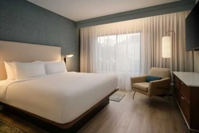 A modern hotel room with a king bed against a teal accent wall, a single armchair with a small pillow, a floor lamp, a dresser with a TV, and large curtained windows.