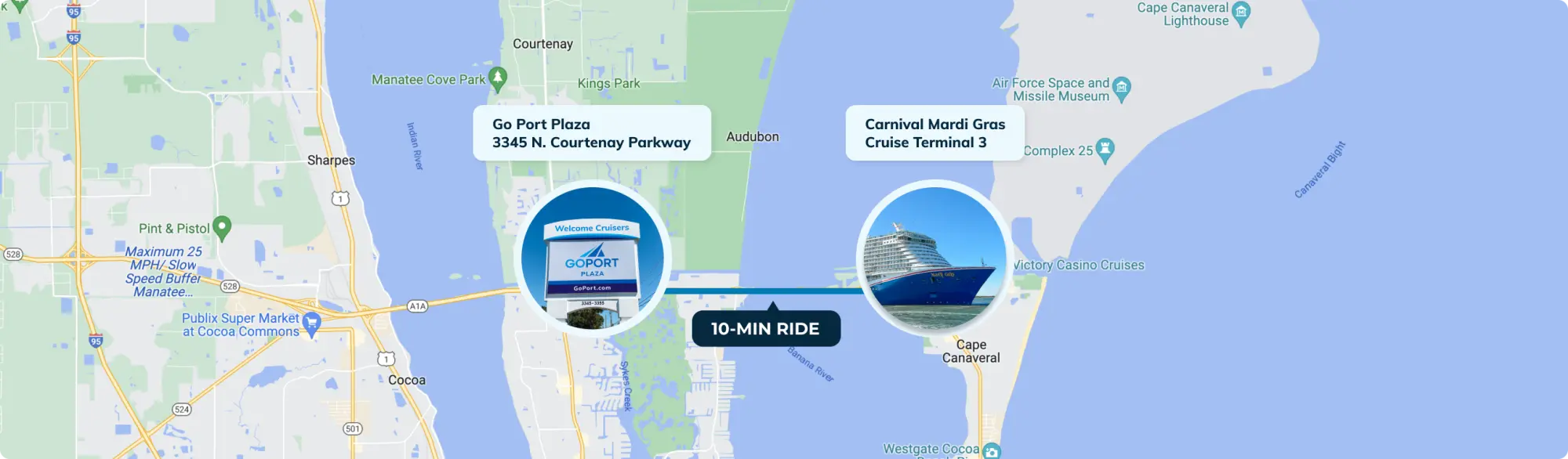 Map showing the 10-minute ride distance between GoPort Plaza at 3345 N. Courtenay Parkway and Carnival Mardi Gras Cruise Terminal 3 in Cape Canaveral.